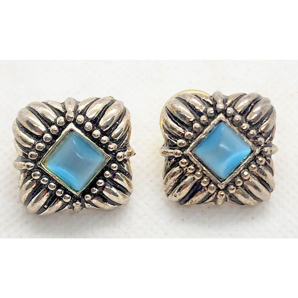EARRINGS-Silver Tone with Blue "Stones"-Silver With Black Chunky Square-Pierced - Picture 2 of 8